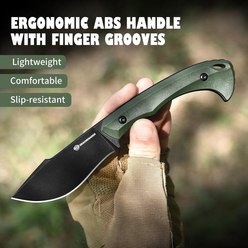 DRACHENADER 7.68" Small Fixed Blade Knife with Fire Starter L-Y, Full Tang Survival Knife w/Sheath and Clip, Camping, Green+ Black - Image 2